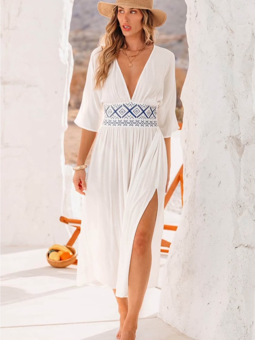 New White Boho Embroidered Waist Maxi Dress